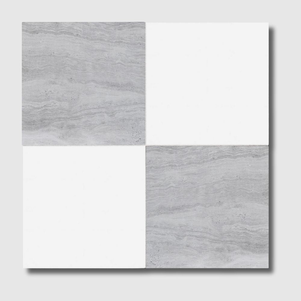 Athens Grey Light, Thassos Extra Honed Checkerboard Pattern Marble Tile