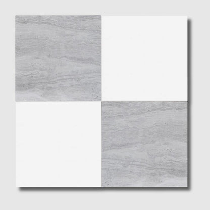 Athens Grey Light, Thassos Extra Honed Checkerboard Pattern Marble Tile