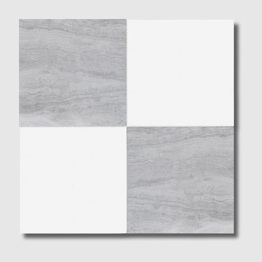 Athens Grey Light, Thassos Extra Honed Checkerboard Pattern Marble Tile