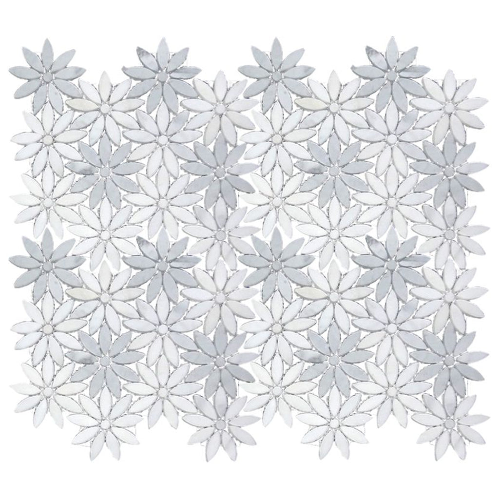 Eastern White Bardiglio 10x11 Polished Floral Marble Mosaic Tile (5 pack, 3.85 sq ft/case)