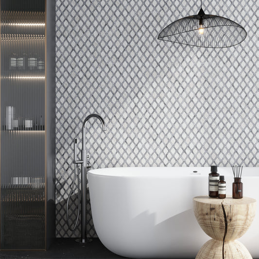 Soft White Charcoal Gray 11x11 Polished Diamond Stone Mosaic Tile (5 pack, 4.2 sq ft/case) - Sample