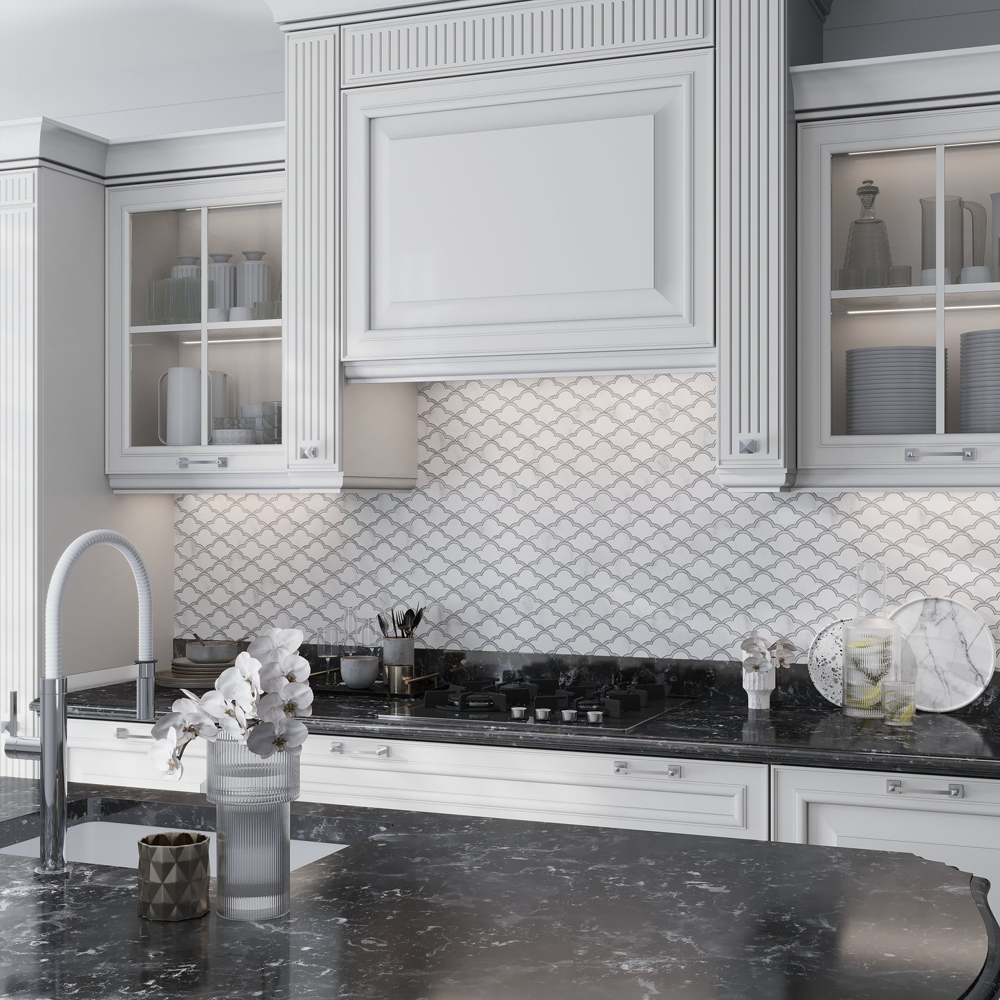 Soft White Gray 9x10 Polished Fan Scalloped Marble Mosaic Tile (5 pack, 3.06 sq ft/case) - Sample