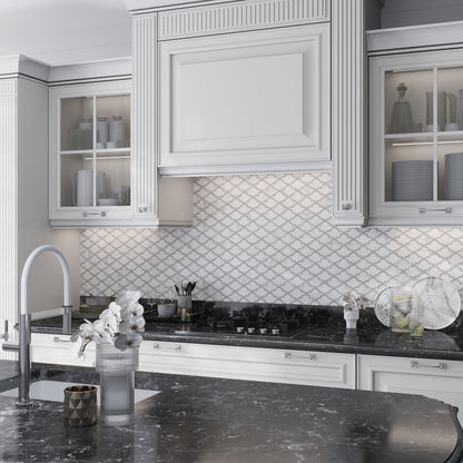 Soft White Gray 9x10 Polished Fan Scalloped Marble Mosaic Tile (5 pack, 3.06 sq ft/case) - Sample