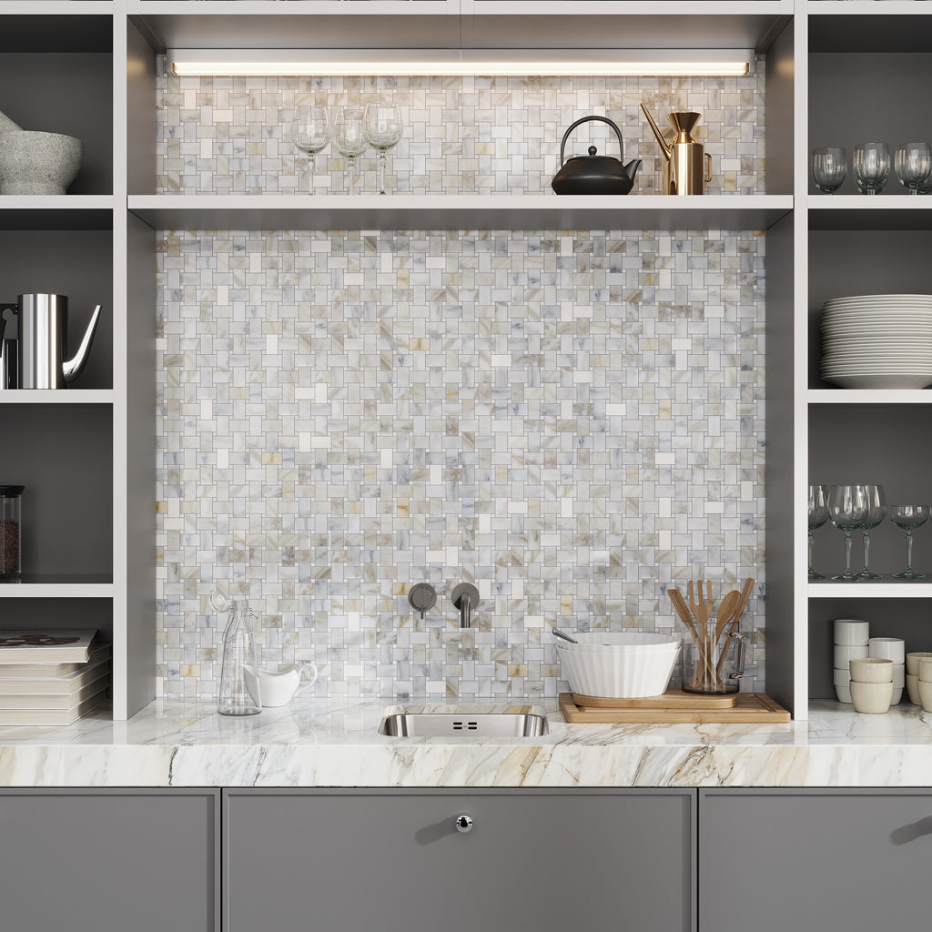 White Gray 12x12 Polished Basketweave Calacatta Gold Thassos Marble Mosaic Tile (5 pack, 5 sq ft/case)