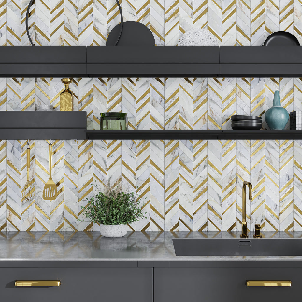 White Gray with Gold 12x12 Polished Chevron Calacatta Gold Brass Marble Mosaic Tile (5 pack, 5 sq ft/case)