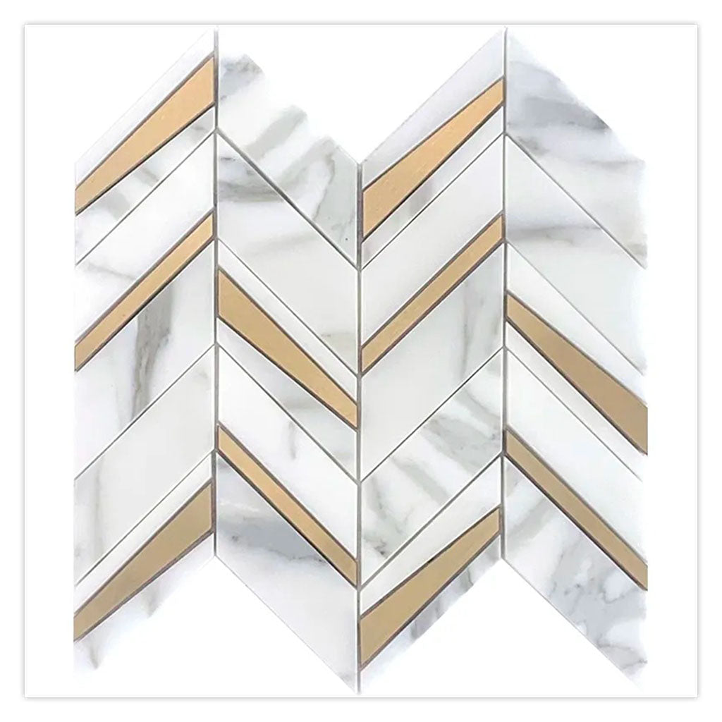 White Gray with Gold 12x12 Polished Chevron Marble Brass Mosaic Tile (5 pack, 5 sq ft/case) - Sample