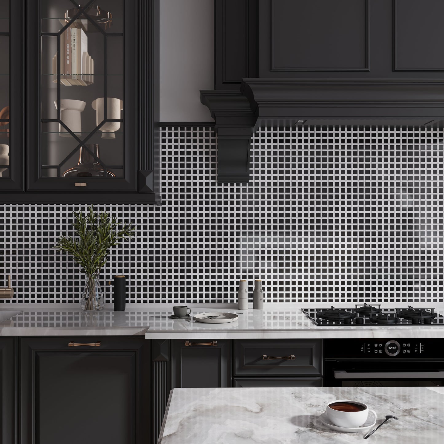Eastern Black White 12x12 Polished Basketweave Marble Mosaic Tile (5 pack, 5 sq ft/case)