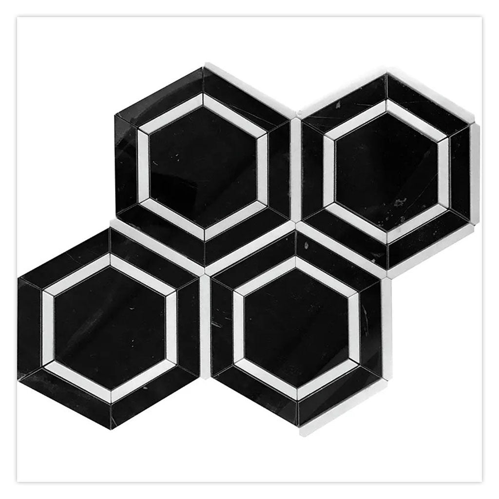 Raven Black 11x13 Polished Hexagon Marble Mosaic Tile (5 pack, 5.21 sq ft/case) - Sample