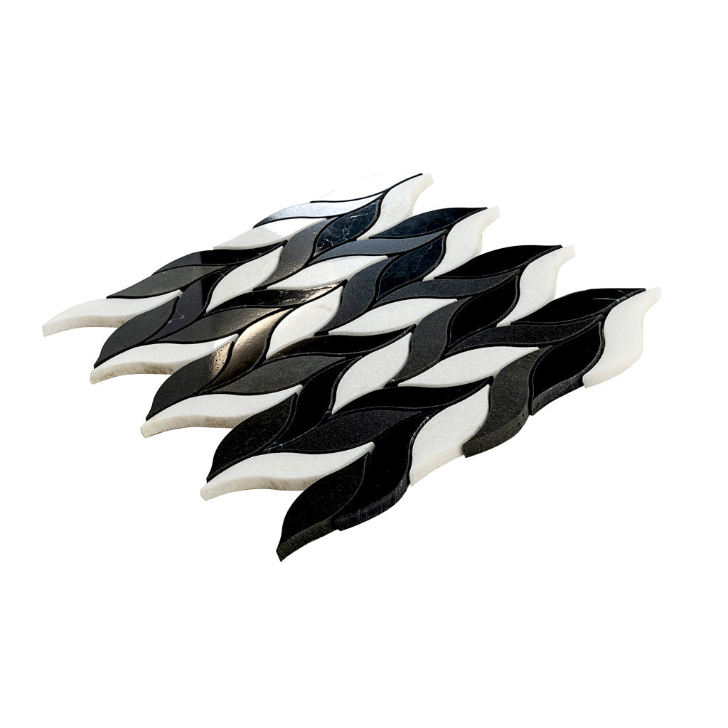 Eastern Black Thassos Basalt 10x12 Polished Leaves Marble Mosaic Tile (5 pack, 4.07 sq ft/case)