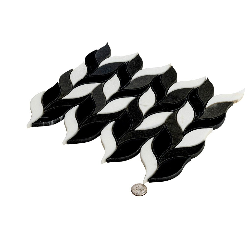Eastern Black Thassos Basalt 10x12 Polished Leaves Marble Mosaic Tile (5 pack, 4.07 sq ft/case)
