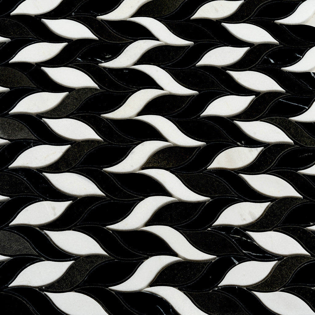 Eastern Black Thassos Basalt 10x12 Polished Leaves Marble Mosaic Tile (5 pack, 4.07 sq ft/case)