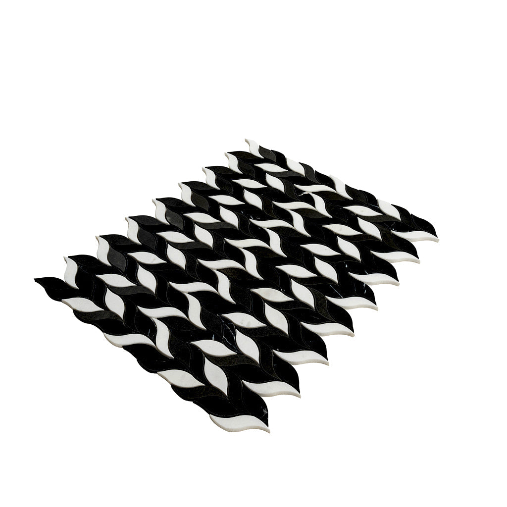 Black White 10x12 Polished Leaves Marble Mosaic Tile (5 pack, 4.07 sq ft/case) - Sample