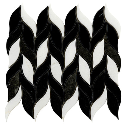 Eastern Black Thassos Basalt 10x12 Polished Leaves Marble Mosaic Tile (5 pack, 4.07 sq ft/case)