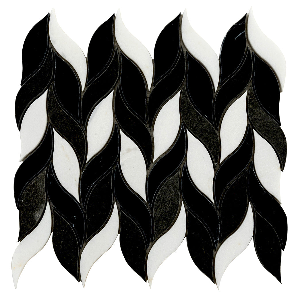 Black White 10x12 Polished Leaves Marble Mosaic Tile (5 pack, 4.07 sq ft/case) - Sample