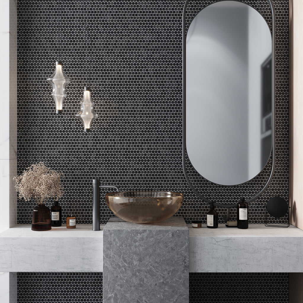 Jet Black 11x12 Tumbled Penny Round Marble Mosaic Tile (5 pack, 4.83 sq ft/case) - Sample