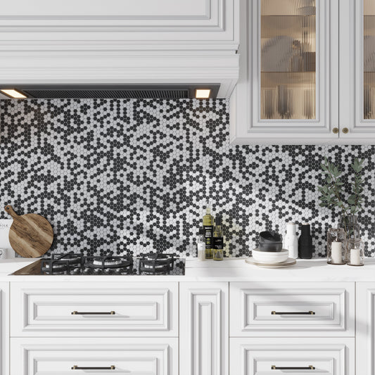 Black White 11x12 Tumbled Penny Round Marble Mosaic Tile (5 pack, 4.83 sq ft/case) - Sample