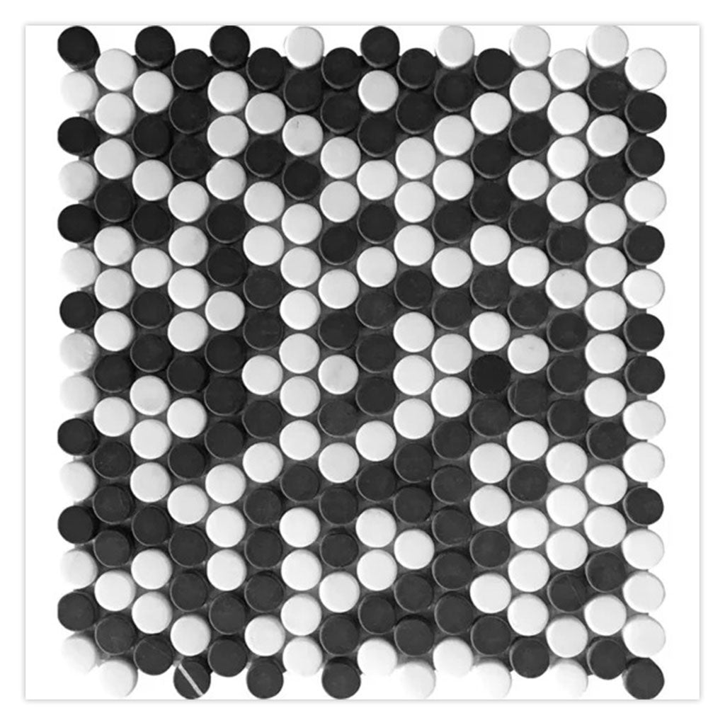 Black White 11x12 Tumbled Penny Round Marble Mosaic Tile (5 pack, 4.83 sq ft/case) - Sample