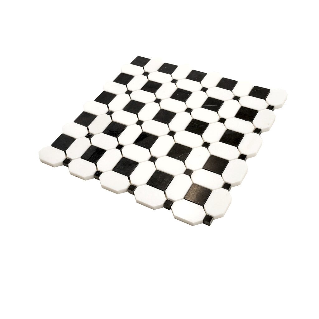 Black White 12x12 Polished Octagon Marble Mosaic Tile (5 pack, 5.08 sq ft/case) - Sample