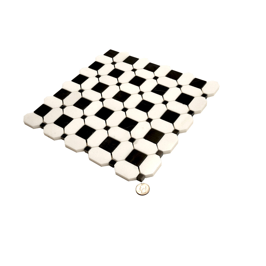 Black White 12x12 Polished Octagon Marble Mosaic Tile (5 pack, 5.08 sq ft/case) - Sample