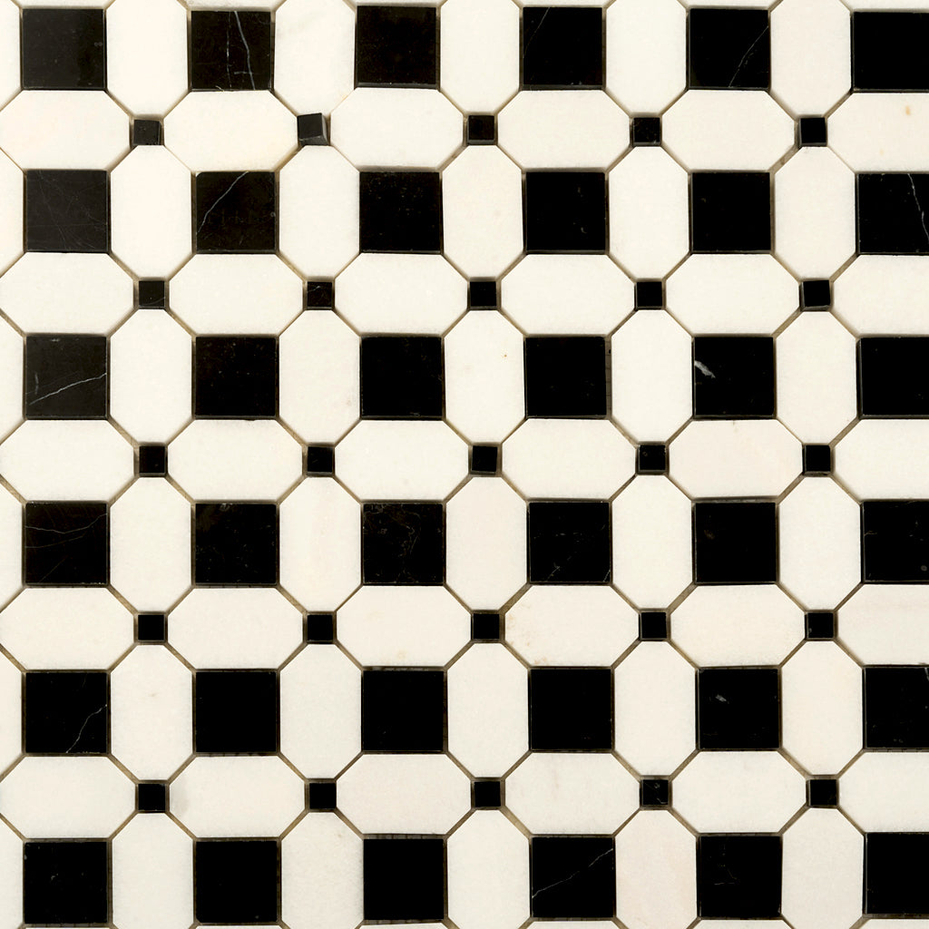 Black White 12x12 Polished Octagon Marble Mosaic Tile (5 pack, 5.08 sq ft/case) - Sample