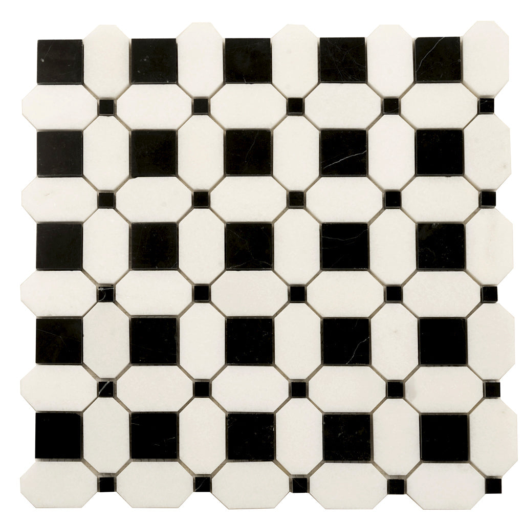 Black White 12x12 Polished Octagon Marble Mosaic Tile (5 pack, 5.08 sq ft/case) - Sample