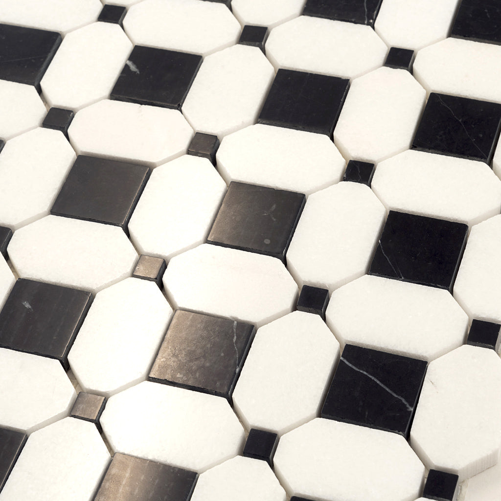 Black White 12x12 Polished Octagon Marble Mosaic Tile (5 pack, 5.08 sq ft/case) - Sample