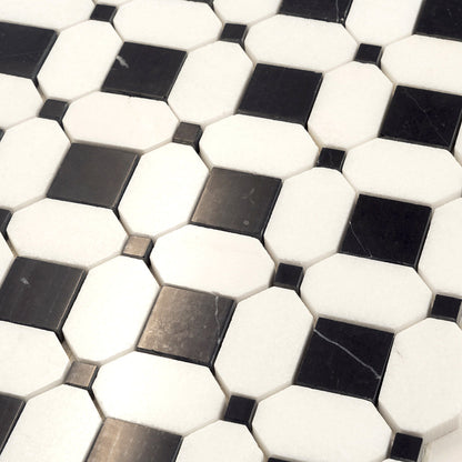 Black White 12x12 Polished Octagon Marble Mosaic Tile (5 pack, 5.08 sq ft/case) - Sample
