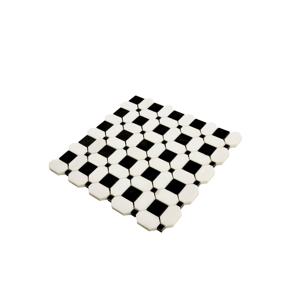 Black White 12x12 Polished Octagon Marble Mosaic Tile (5 pack, 5.08 sq ft/case) - Sample