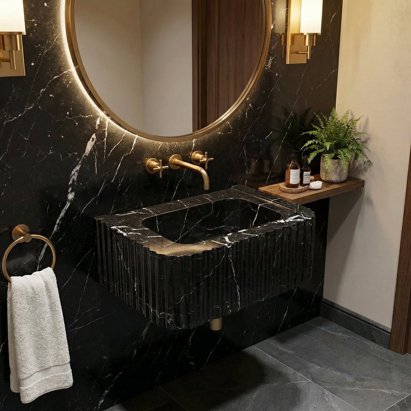 Modern bathroom with black marble sink and gold fixtures Toros Black Marble Rectangular Wall-mount Polished Sink (W)12" (L)19" (H)7"