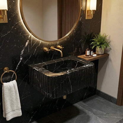 Modern bathroom with black marble sink and gold fixtures Toros Black Marble Rectangular Wall-mount Polished Sink (W)12" (L)19" (H)7"