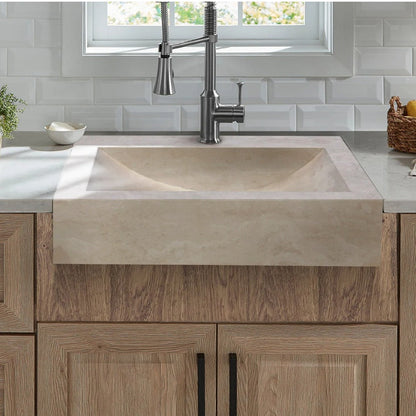 Troia Light Travertine Rectangular Vessel Sink Honed and Filled size (W)18" (L)21.4" (H)4" SKU-NTRSTC34 installed on kitchen 
