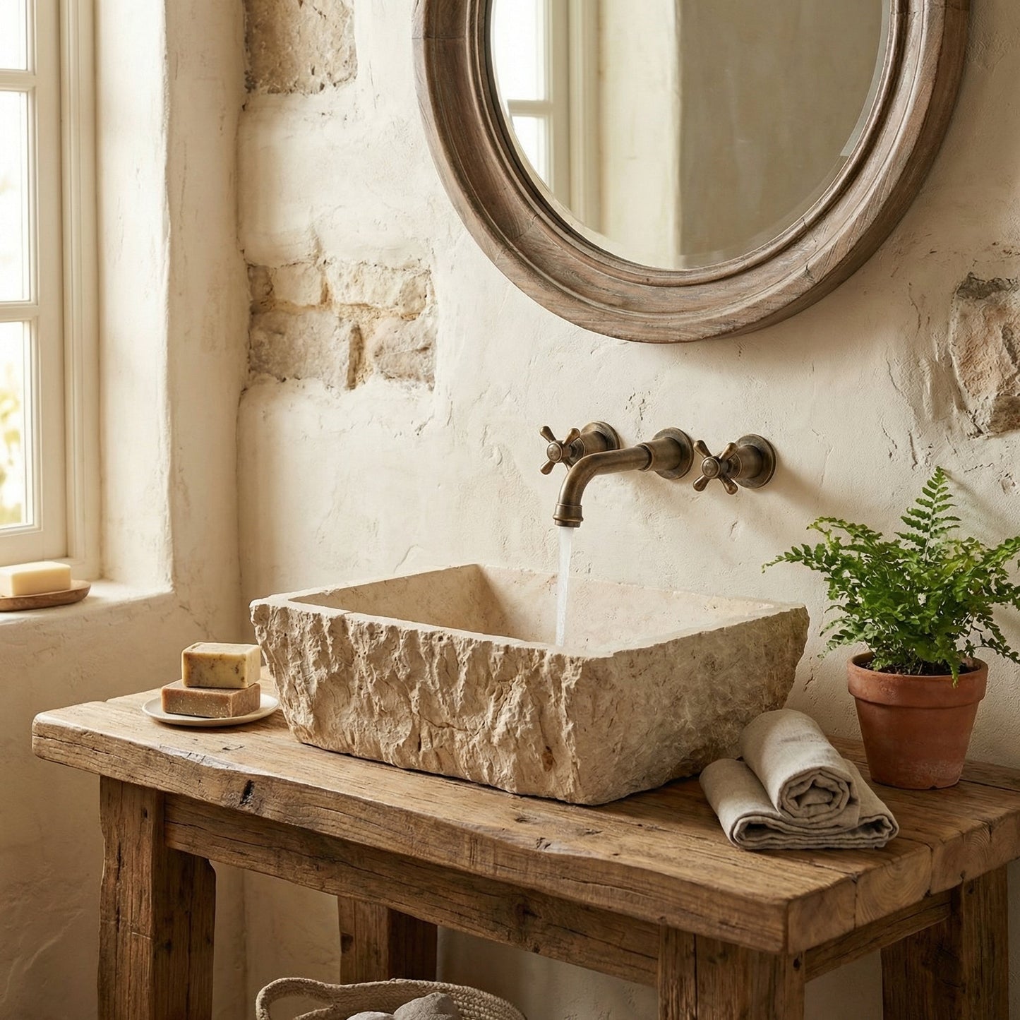 Rustic bathroom with stone sink on wooden vanity, round mirror, and potted plant. Troia Light Rustic Travertine Rectangular Above Vanity Bathroom Sink Hand Chiseled Exterior