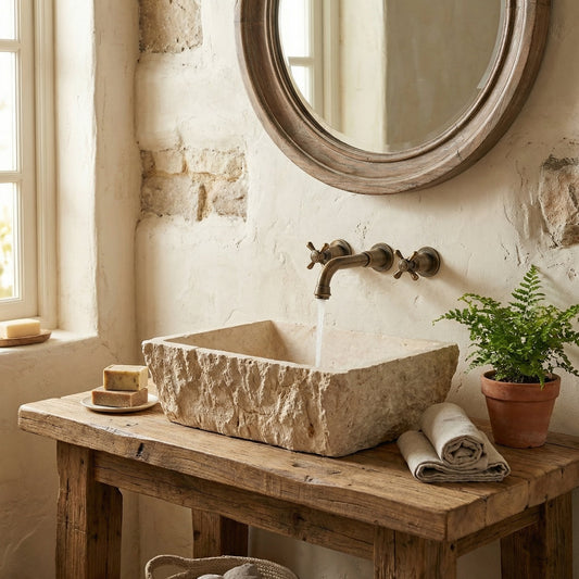 Rustic bathroom with stone sink on wooden vanity, round mirror, and potted plant. Troia Light Rustic Travertine Rectangular Above Vanity Bathroom Sink Hand Chiseled Exterior