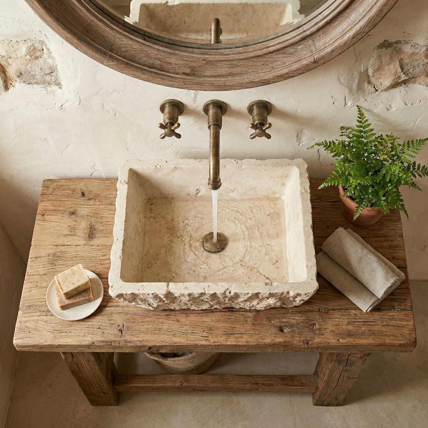 Stone sink on a wooden vanity with a mirror above, in a rustic bathroom setting. Troia Light Rustic Travertine Rectangular Above Vanity Bathroom Sink Hand Chiseled Exterior
