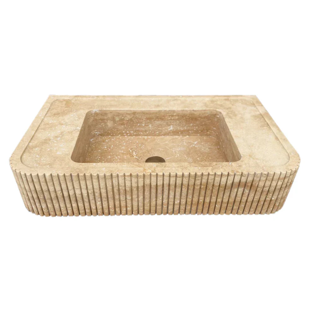 Tuscany Walnut Travertine Wall-mount Bathroom Vanity Sink Ribbed Textured Front front view