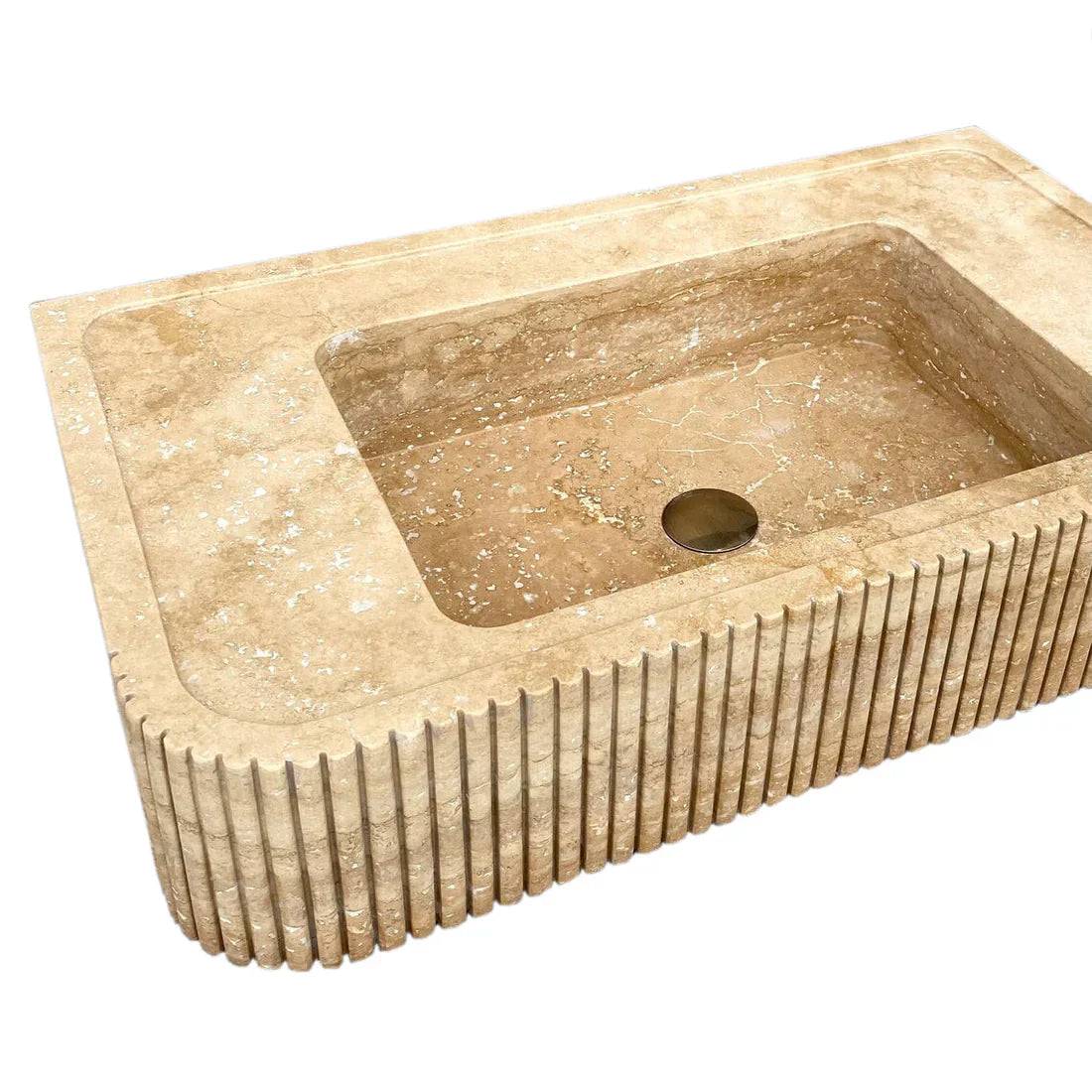 Tuscany Walnut Travertine Wall-mount Bathroom Vanity Sink Ribbed Textured Front angle view