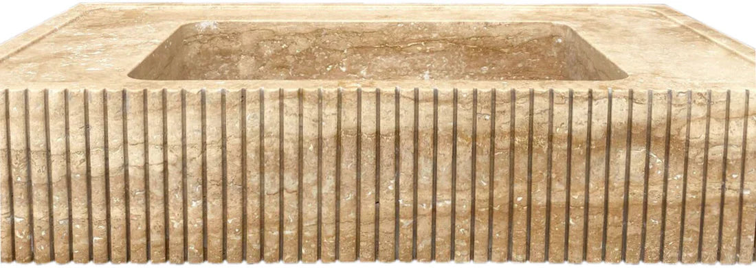 Tuscany Walnut Travertine Wall-mount Bathroom Vanity Sink Ribbed Textured Front front view closeup