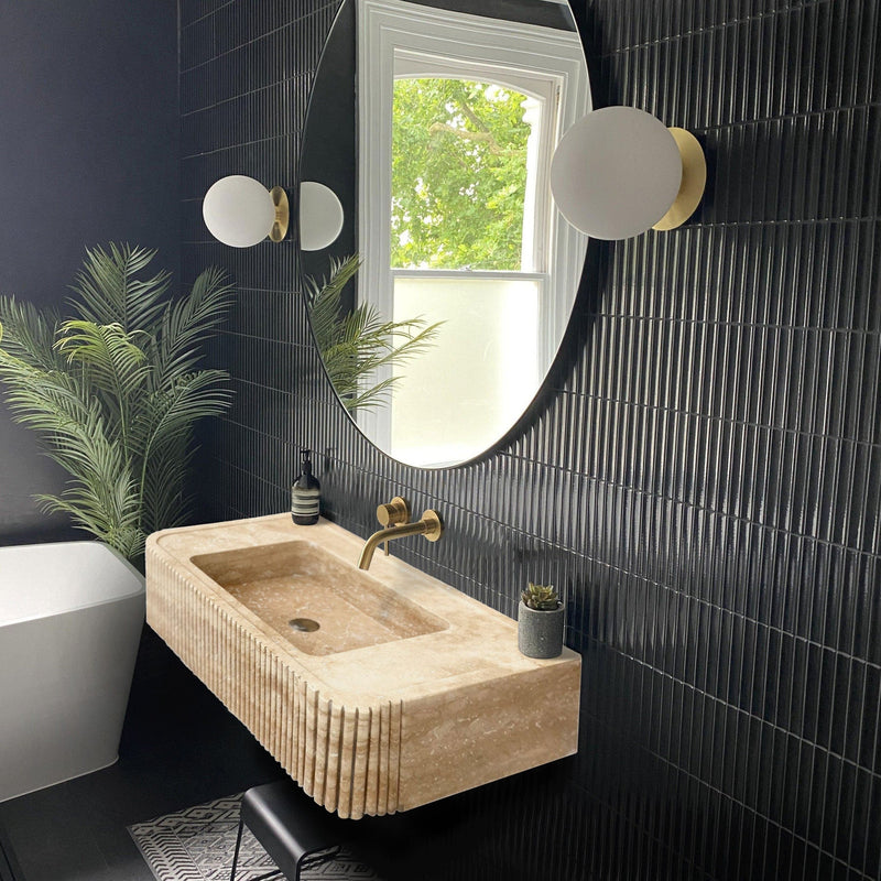 Tuscany Walnut Travertine Wall-mount Bathroom Vanity Sink Ribbed Textured Front