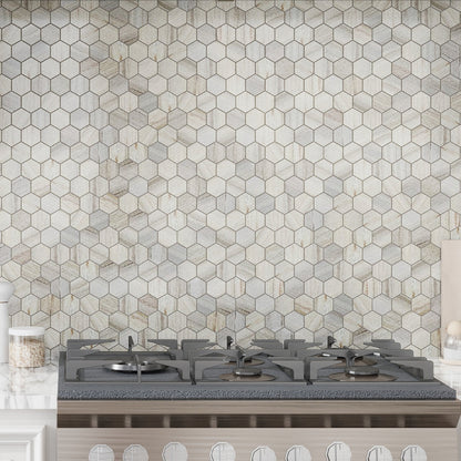 Soft White with Beige 12x12 Polished Hexagon Crystal Sand Marble Mosaic Tile (5 pack, 4.83 sq ft/case)