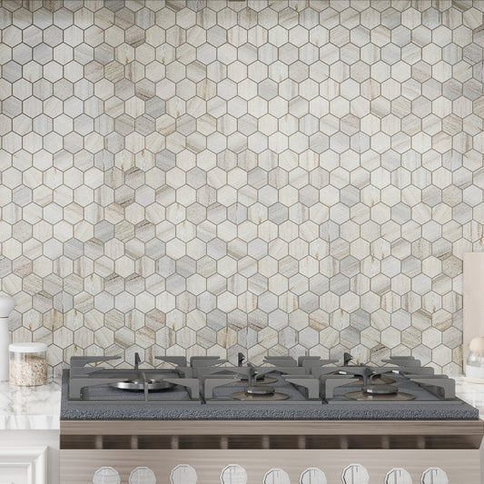 Soft White with Beige 12x12 Polished Hexagon Crystal Sand Marble Mosaic Tile (5 pack, 4.83 sq ft/case)