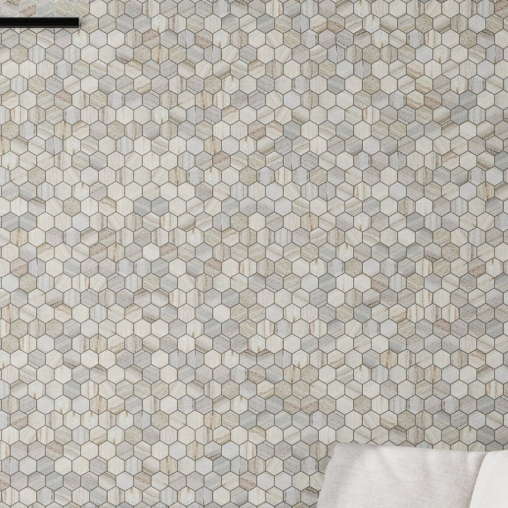 Soft White with Beige 12x12 Honed Hexagon Crystal Sand Marble Mosaic Tile (5 pack, 4.83 sq ft/case)