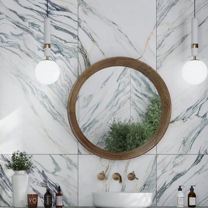 Ivory white with Green Vein 24x48 Polished Porcelain Large Format Tile (2 pack, 15.5 sq ft/case)