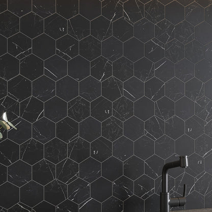 Black with White Vein 10x12 Polished Hexagon Glass Recycled Glass Mosaic Tile (10 pack, 8.29 sq ft/case)