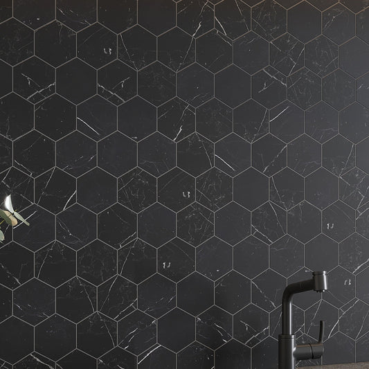 Black with White Vein 10x12 Polished Hexagon Glass Recycled Glass Mosaic Tile (10 pack, 8.29 sq ft/case)
