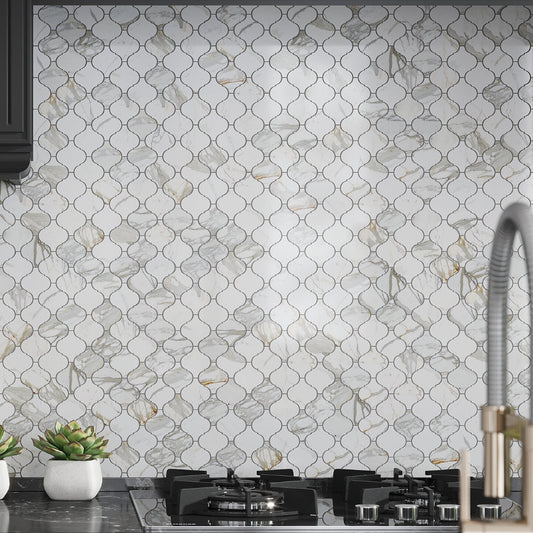 White Gray 10x11 Polished Arabesque Calacatta Gold Marble Mosaic Tile (5 pack, 3.75 sq ft/case)