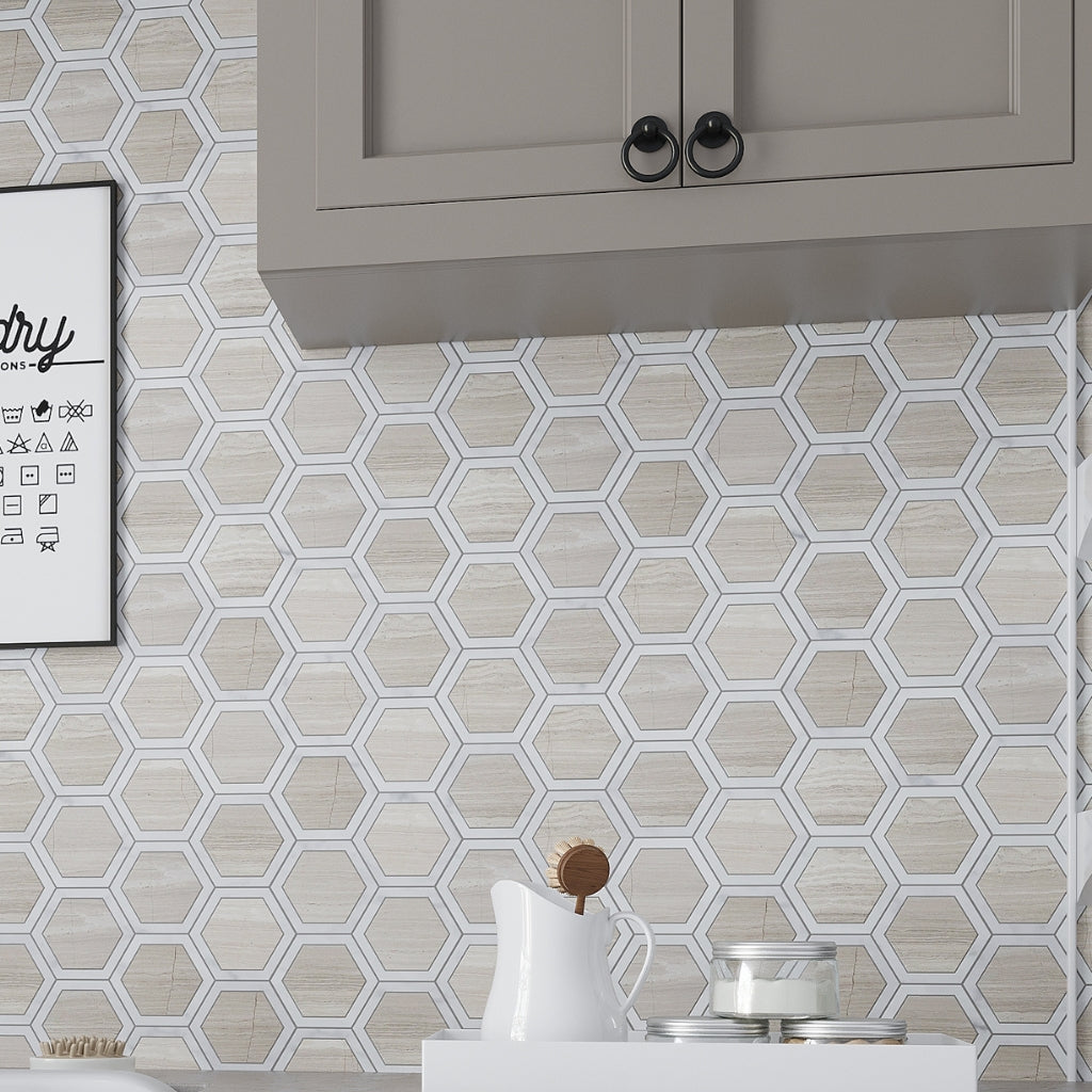 Wooden Grey, Bianco Carrara 12x14 Polished Hexagon Marble Mosaic Tile (5 pack, 5.48 sq ft/case)