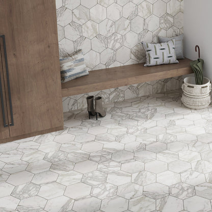 White Gray 10x10 Honed Hexagon Calacatta Gold Marble Tile (5 pack, 2.95 sq ft/case)