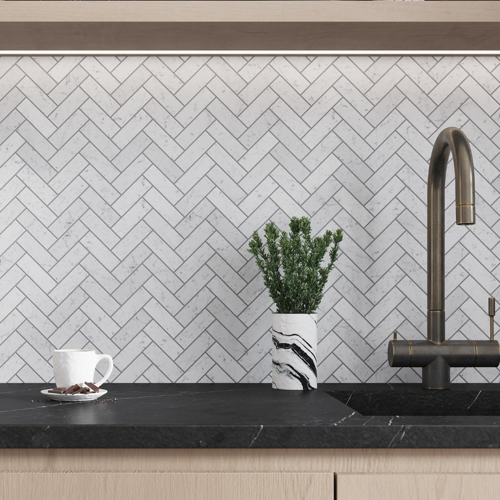 White 12x12 Honed Herringbone Bianco Carrara Marble Mosaic Tile (5 pack, 5.29 sq ft/case)