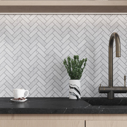 White 12x12 Honed Herringbone Bianco Carrara Marble Mosaic Tile (5 pack, 5.29 sq ft/case)