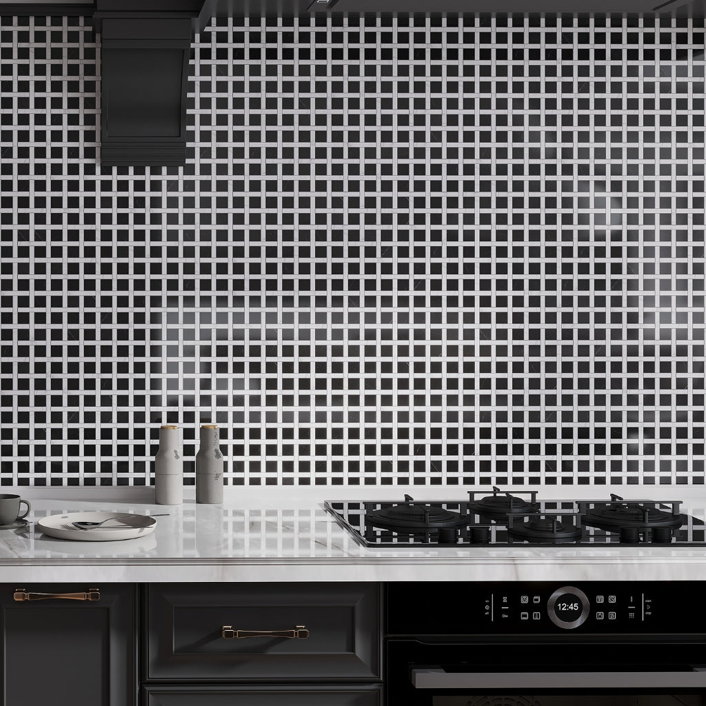 Eastern Black White 12x12 Polished Basketweave Marble Mosaic Tile (5 pack, 5 sq ft/case)